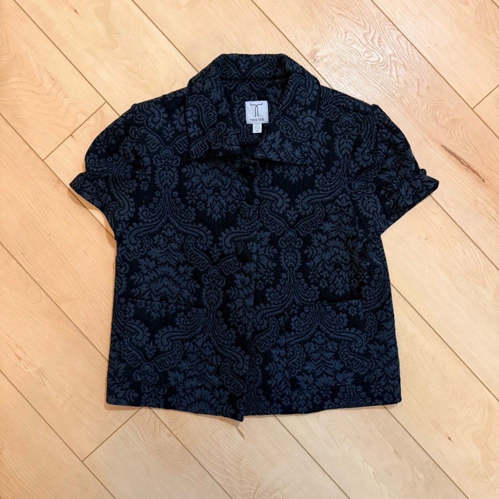 Tristan Brocade Puff Sleeve Button-Up Top